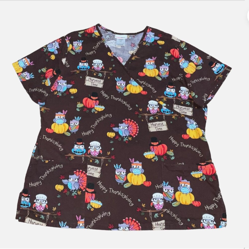 Thanksgiving Scrub Top Shirt Large Turkey Owl Gobble Pilgrim Pumpkin Nurse Vet